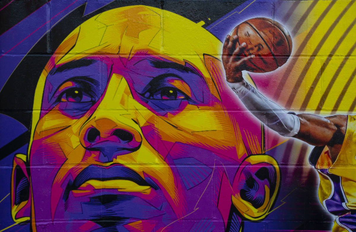A mural featuring Kobe Bryant, created by Eric Meidenbauer, outside of Candid Worldwide at 4795 ...