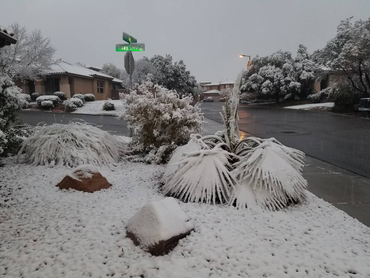 Snow covers a Summerlin neighborhood early in the morning on Tuesday, Jan. 26, 2021. (Damon Sei ...