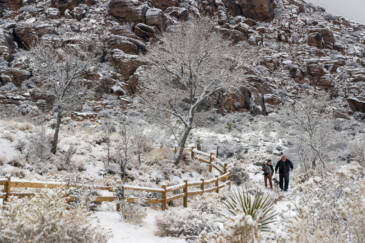 People and their dogs enjoy a walk in the snowfall about Calico Basin in the Red Rock Conservat ...