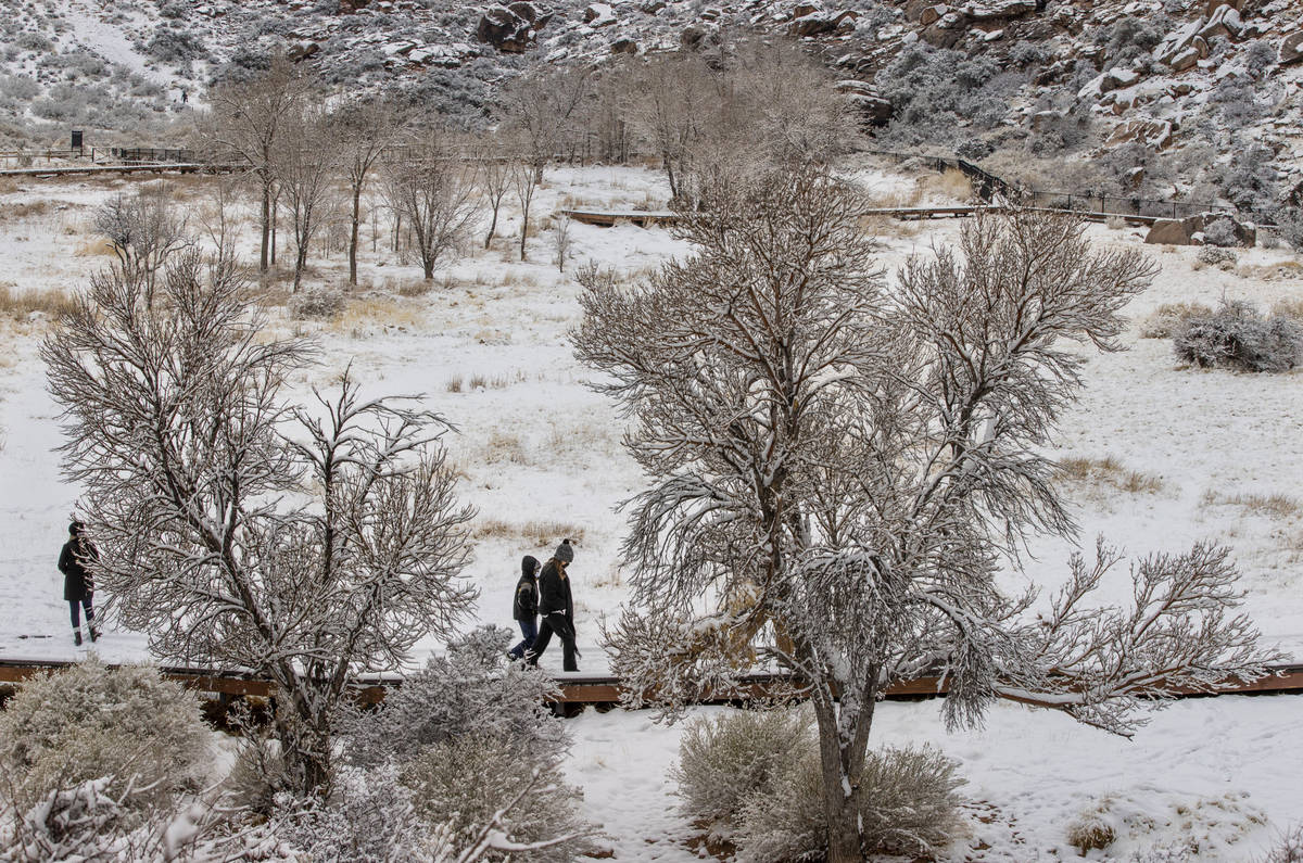 People walk in the snowfall about Calico Basin in the Red Rock Conservation Area on Tuesday, Ja ...