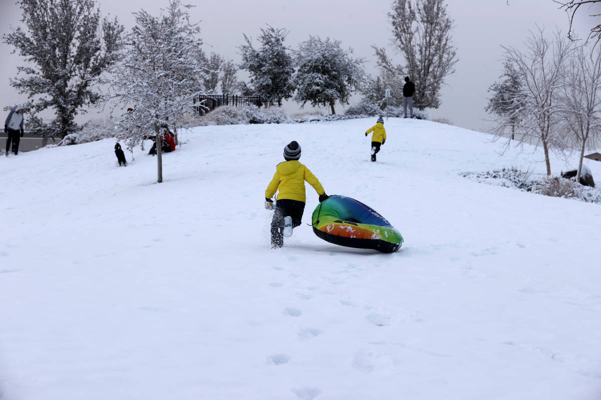 Colton Tarantino, 5, left, and his brother Nicholas, 7, play in the snow at Fox Hill Park in Su ...