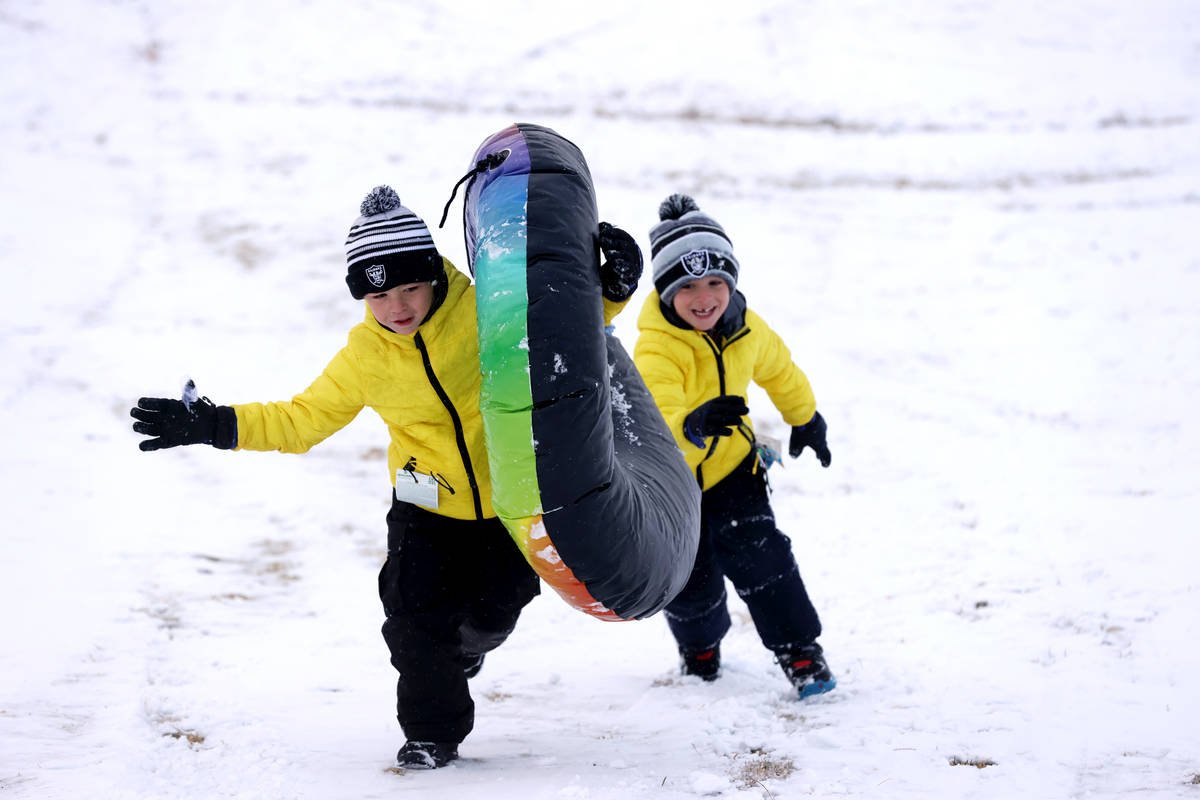 Nicholas Tarantino, 7, left, and his brother, Colton, 5, play in the snow at Fox Hill Park in S ...