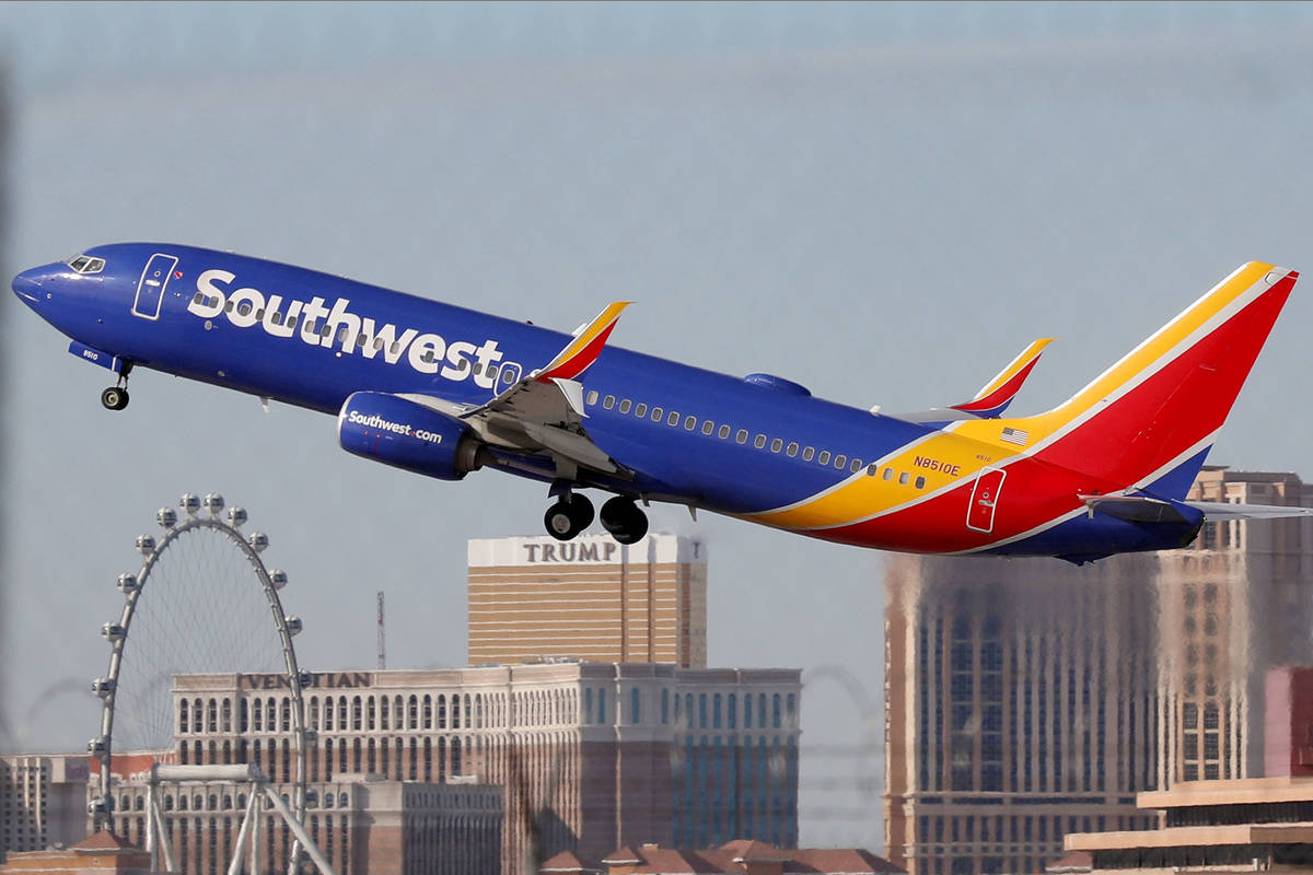 A Southwest Airlines plane takes off from the McCarran International Airport in Las Vegas on Th ...