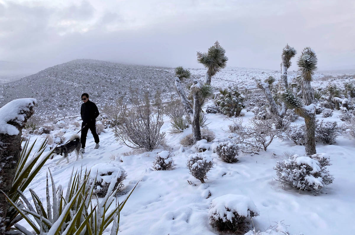 Hung Luu walks his dog Sky down from the overlook as the clouds break on a snowy day in the Red ...