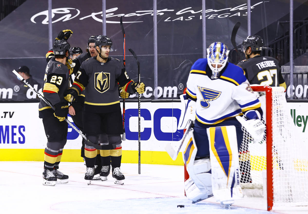 Golden Knights left wing Max Pacioretty (67) celebrates his goal against St. Louis Blues goalte ...