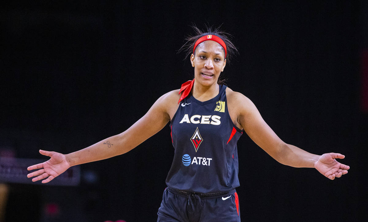 Las Vegas Aces center A'ja Wilson (22) is pleased with her performance over the Indiana Fever d ...