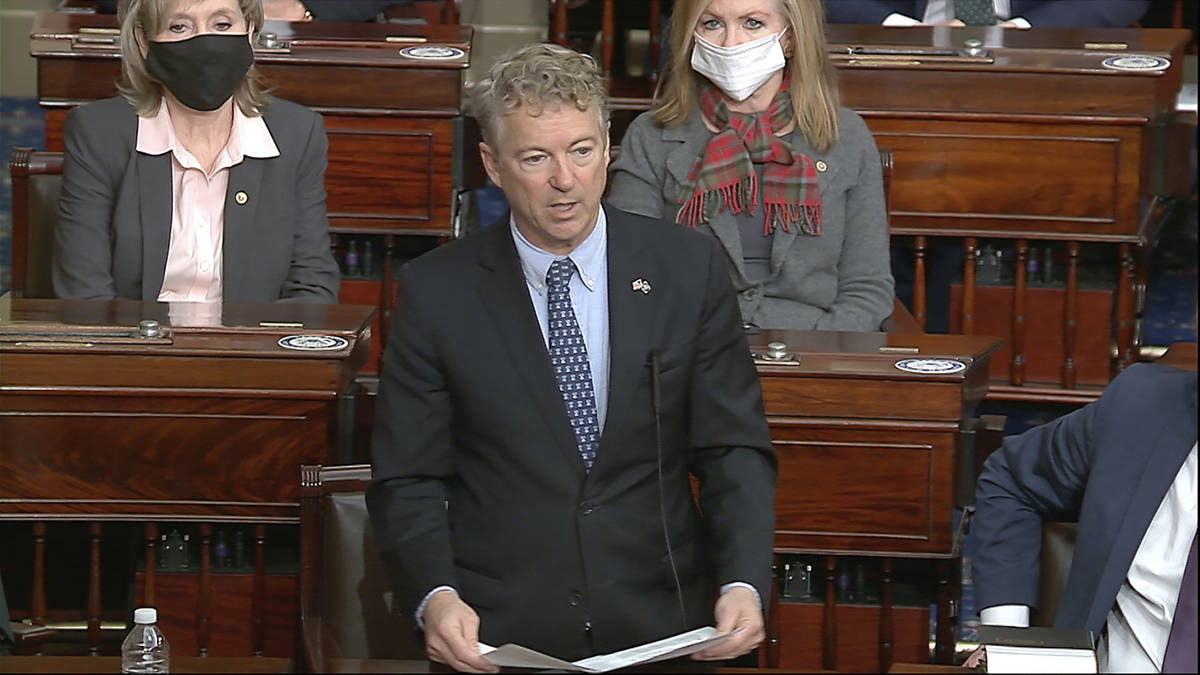In this image from video, Sen. Rand Paul, R-Ky., makes a motion that the impeachment trial agai ...
