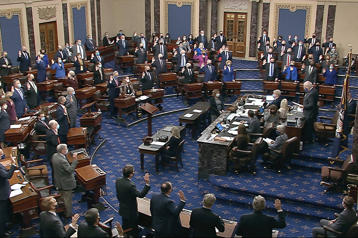 In this image from video, Sen. Patrick Leahy, D-Vt., the president pro tempore of the Senate, w ...