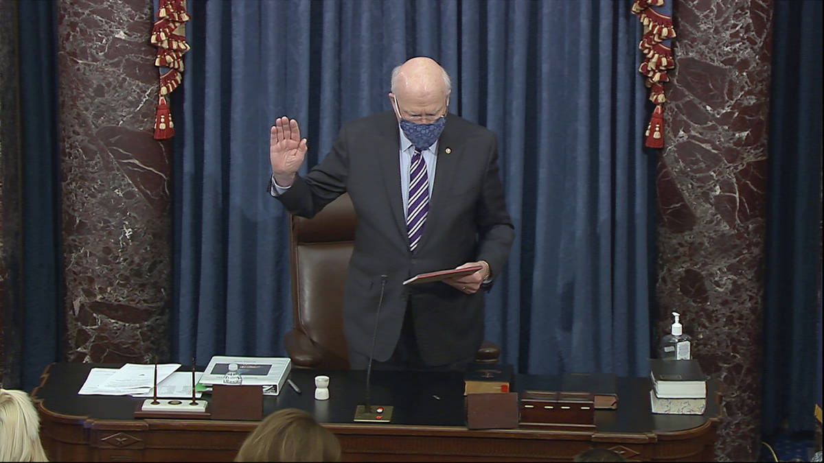 In this image from video, Sen. Patrick Leahy, D-Vt., the president pro tempore of the Senate, w ...