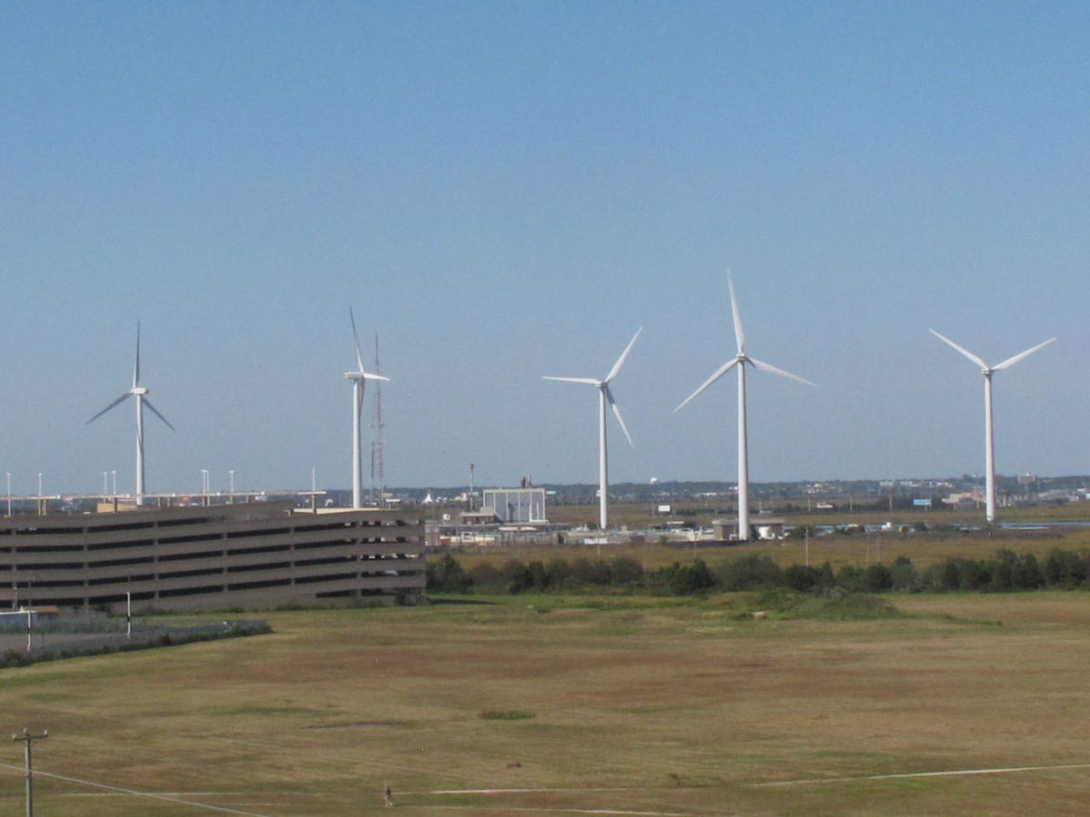 This Oct. 1, 2020 photo shows windmills at a utility plant in Atlantic City N.J. On Wednesday, ...