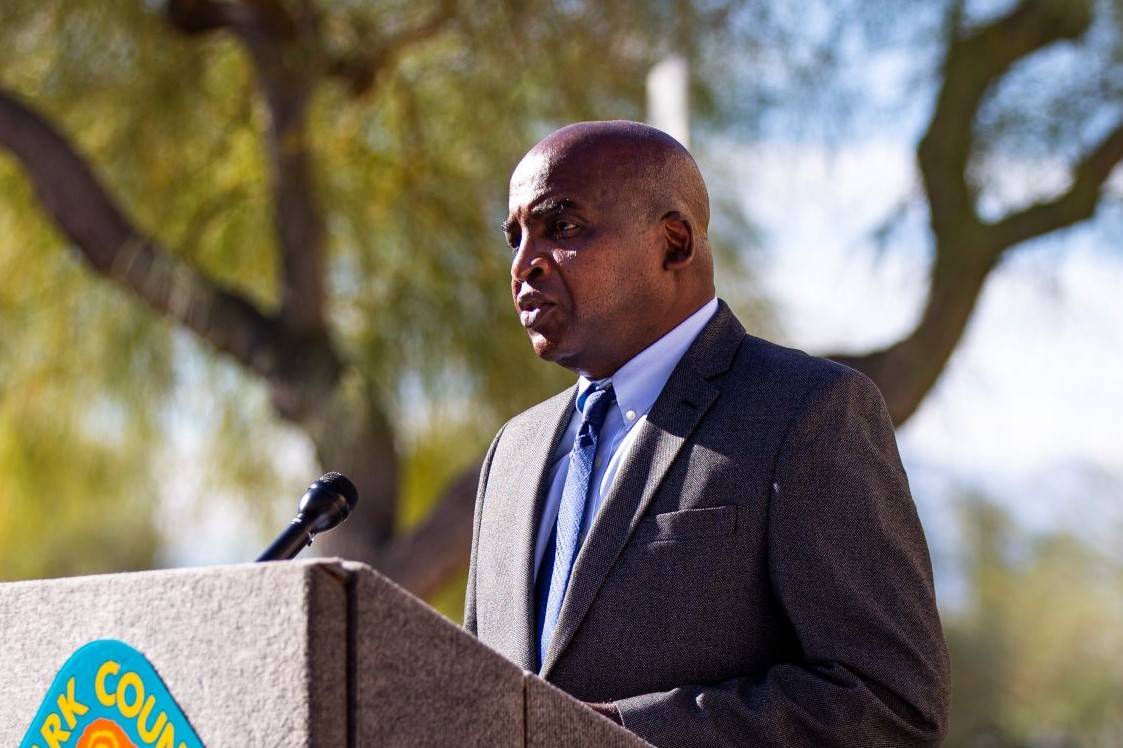 Dr. Fermin Leguen, Southern Nevada Health District acting chief health officer, speaks during a ...