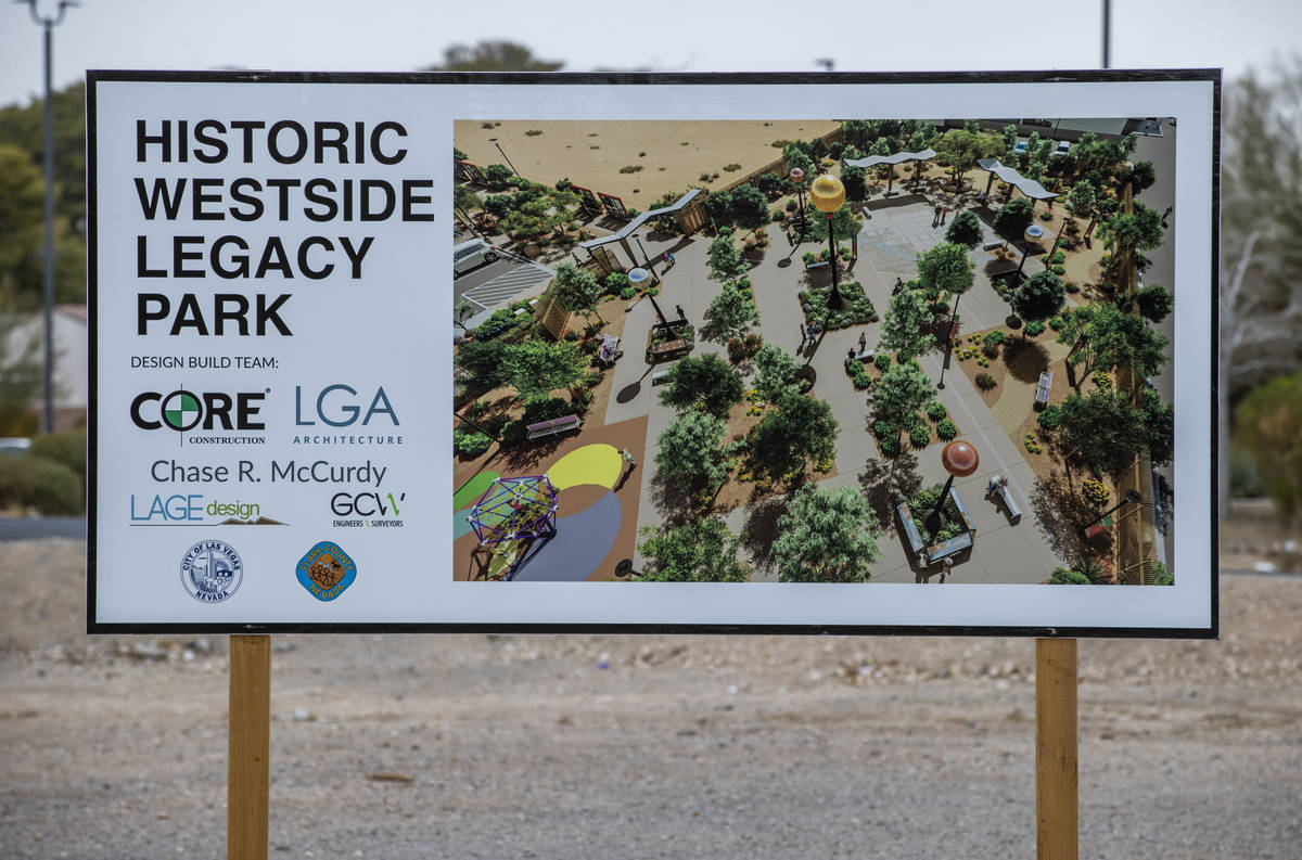 Sign posted as construction on Historic Westside Legacy Park, a partnership between the city of ...
