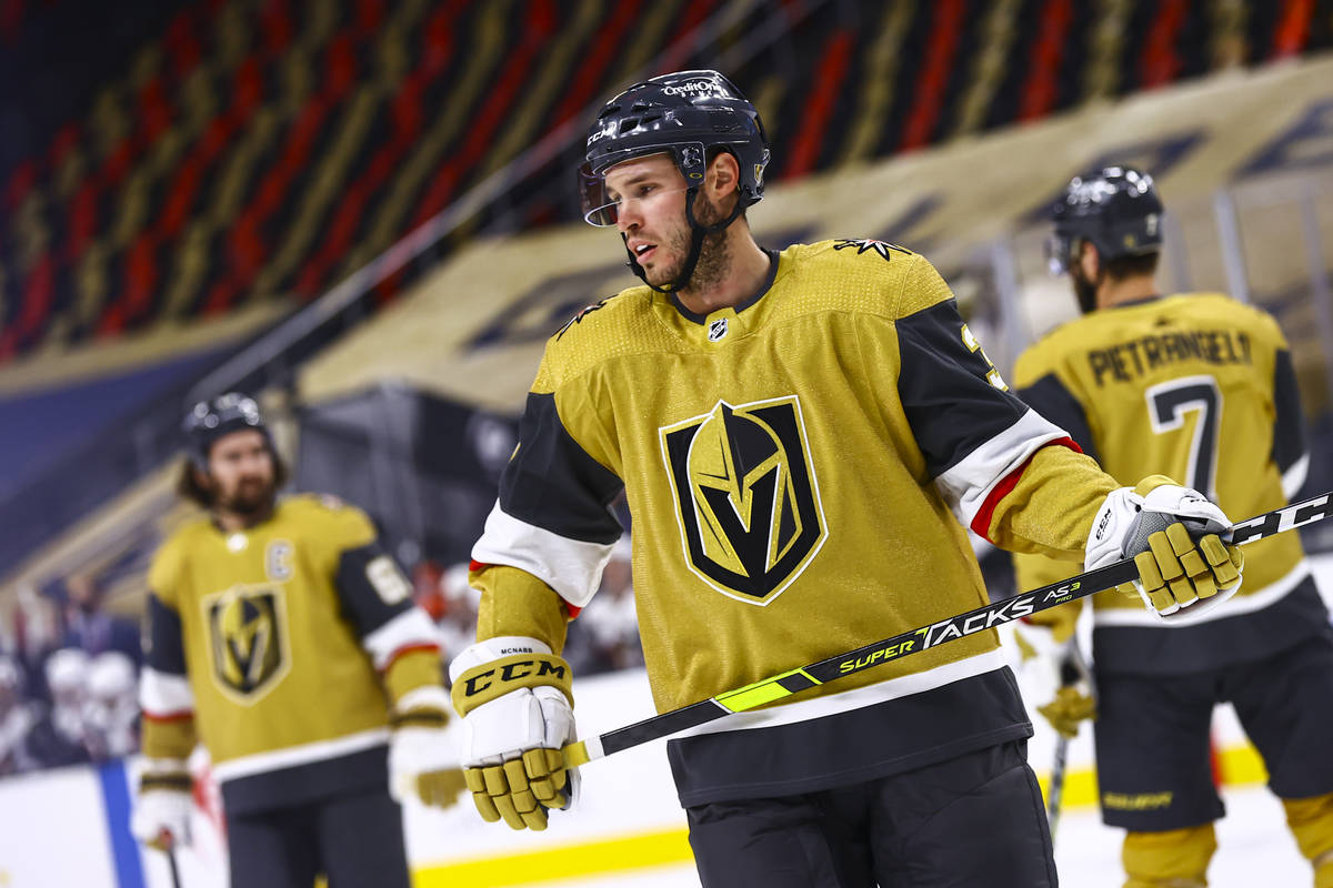 Golden Knights defenseman Brayden McNabb (3) looks on during the first period of an NHL hockey ...