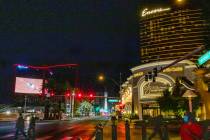 In this Dec. 4, 2020, file photo, Resorts World's LED screen shows 2020 National Finals Rodeo l ...