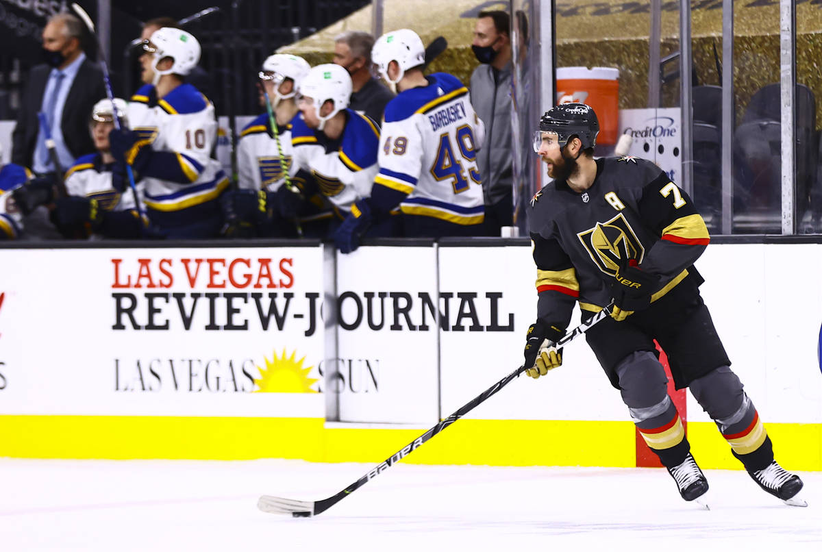 Golden Knights defenseman Alex Pietrangelo (7) skates with the puck while playing his former te ...