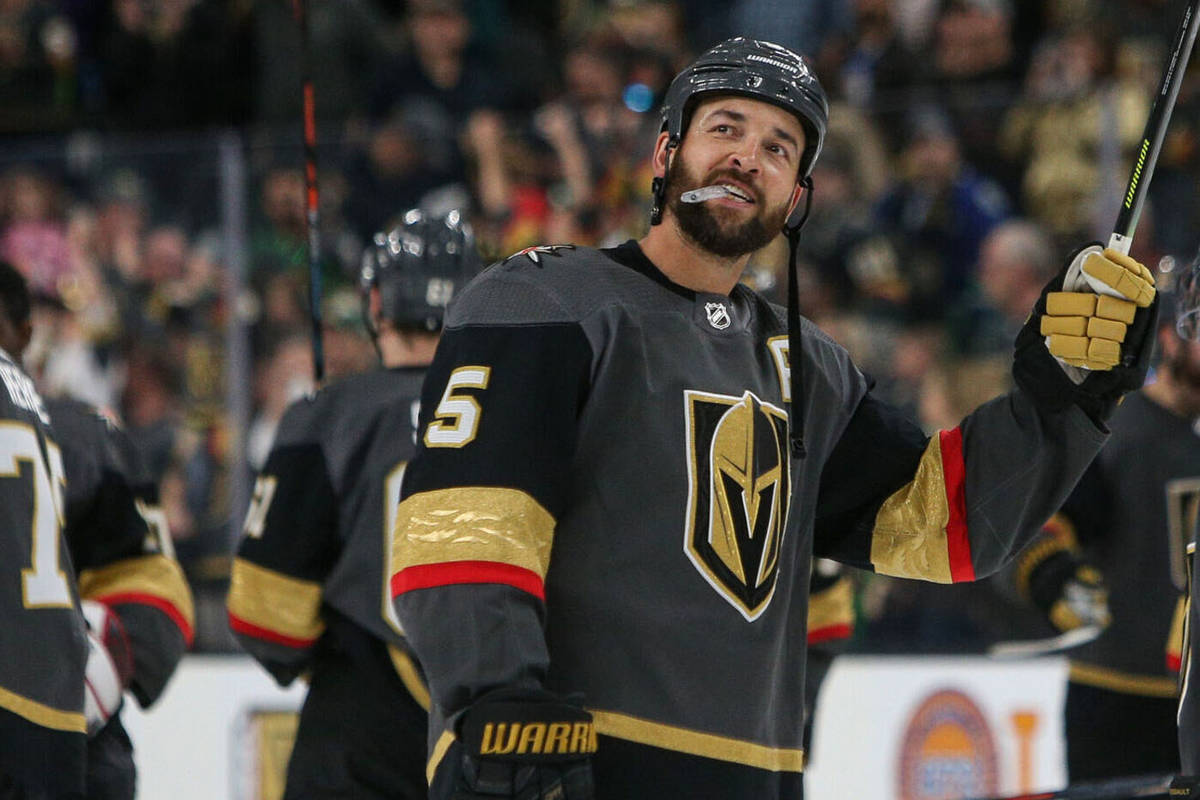 In this March 3, 2019, file photo, Golden Knights defenseman Deryk Engelland (5) looks out at t ...