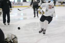 In this June 26, 2019, file photo, Golden Knights Pavel Dorofeyev (13) takes a shot during deve ...