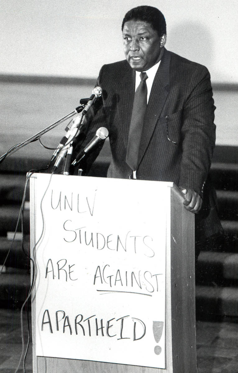 Nevada state Sen. Joe Neal speaks at a 1995 anti-apartheid protest. (Review-Journal file)