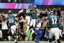 Philadelphia Eagles running back Corey Clement celebrates with Jay Ajayi after Clement's second ...