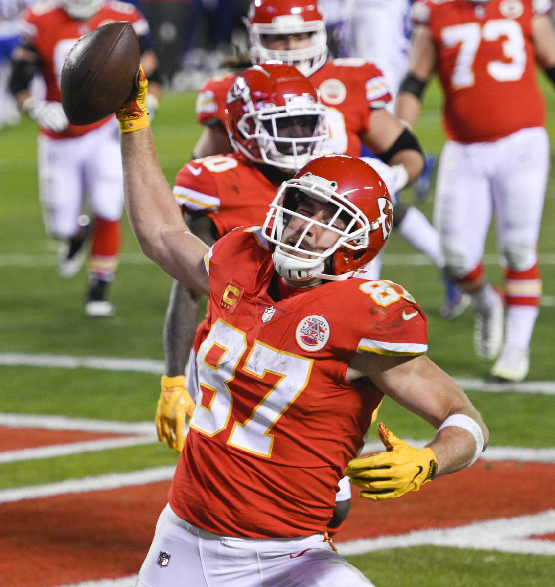 Kansas City Chiefs tight end Travis Kelce spikes the ball after scoring a touchdown against the ...