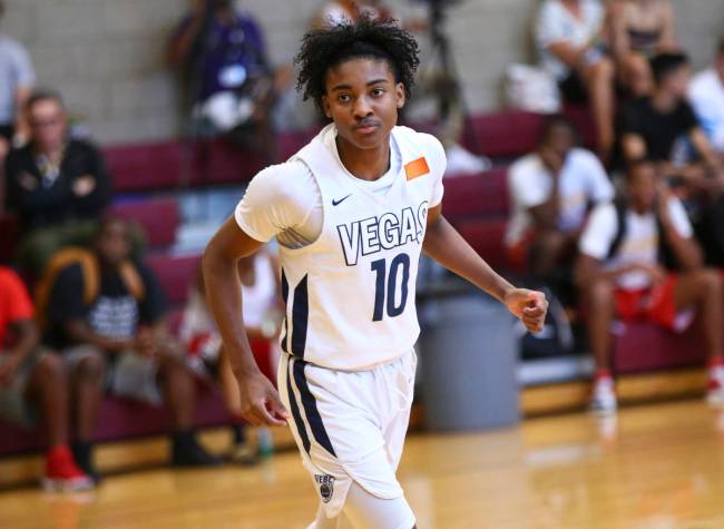 Vegas Elite guard Zaon Collins (10) plays against We All Can Go as part of the Fab 48 tournamen ...