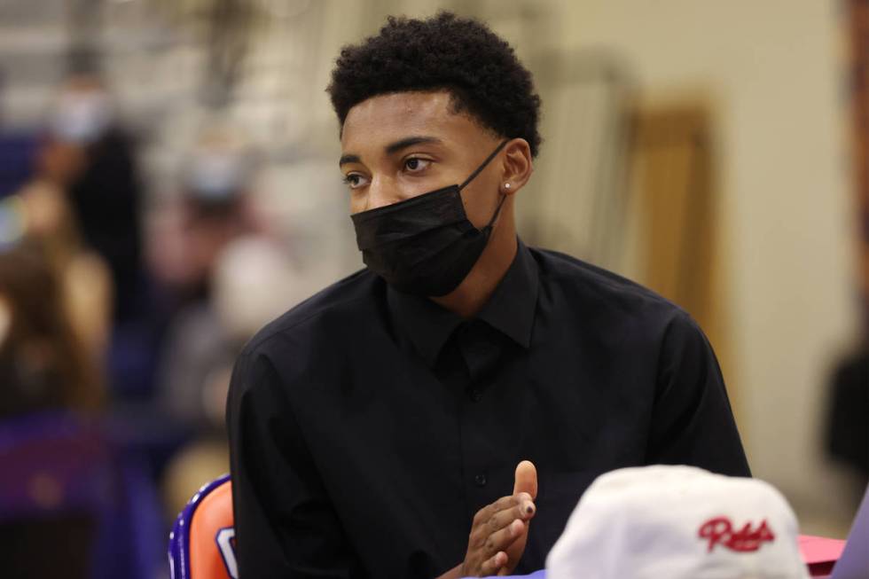 UNLV basketball commit Zaon Collins participates during a Signing Day ceremony at Bishop Gorman ...