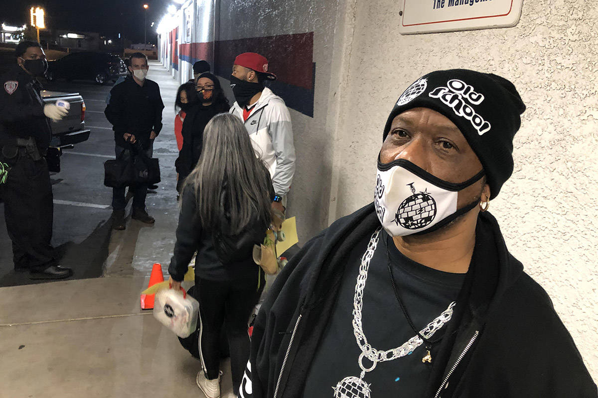 Roller skaters wait in line Monday, Feb. 1, 2021, at Floyd Mayweather's Crystal Palace roller r ...