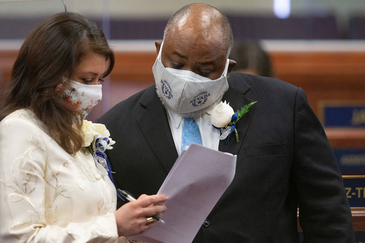 Assembly Majority Floor Leader Teresa Benitez-Thompson and Speaker Jason Frierson on the first ...
