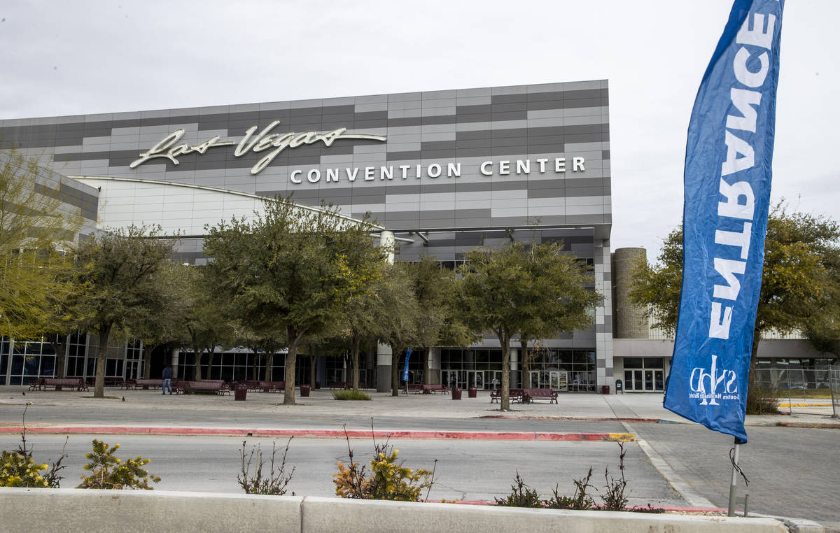 Signage outside the entrance to the Southern Nevada Health District's COVID-19 Second Dose Clin ...