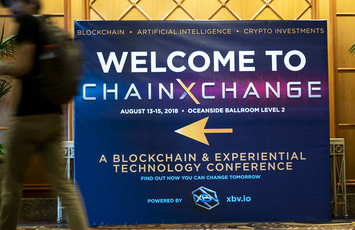 A ChainXChange sign photographed outside of the conference room at ChainXChange at Mandalay Bay ...