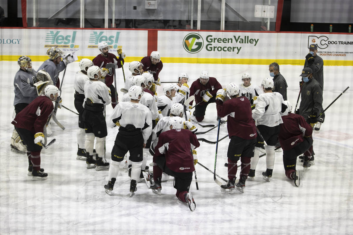 The Henderson Silver Knights huddle during a team practice at Lifeguard Arena in Henderson, on ...