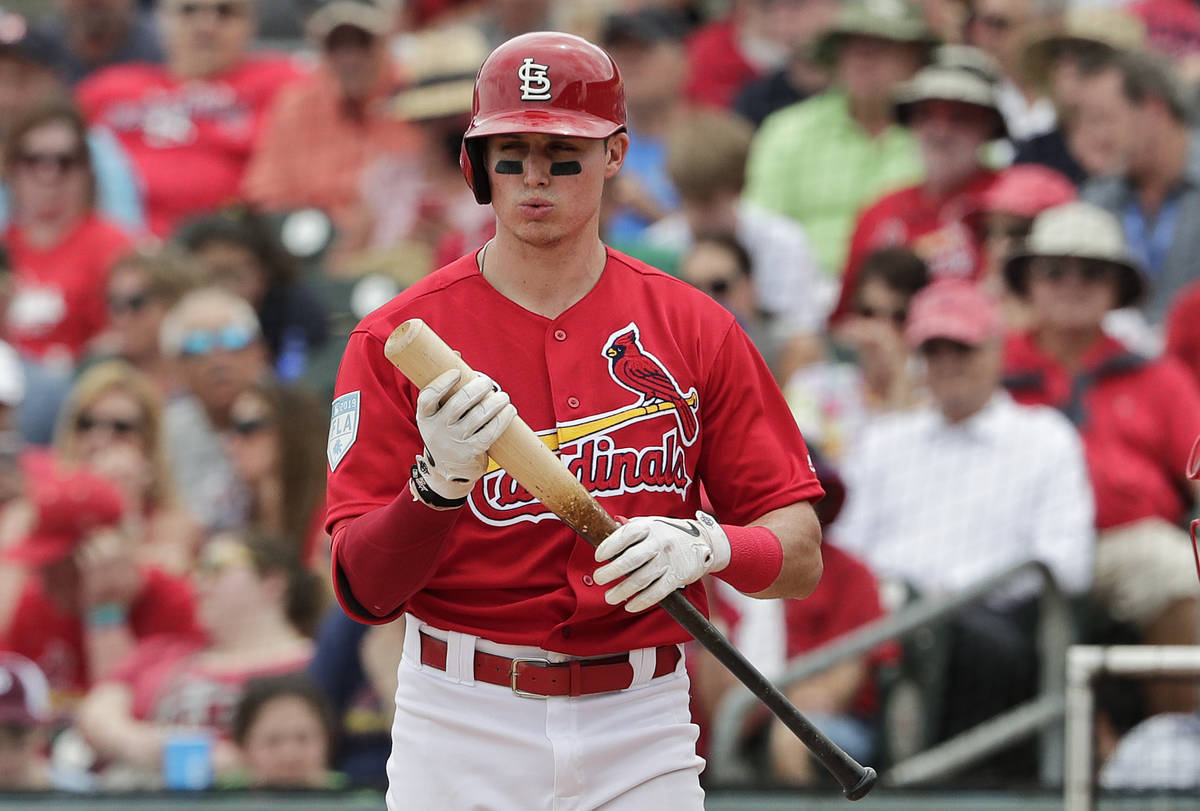 St. Louis Cardinals' Drew Robinson (33) reacts after getting a strike in the fourth inning duri ...