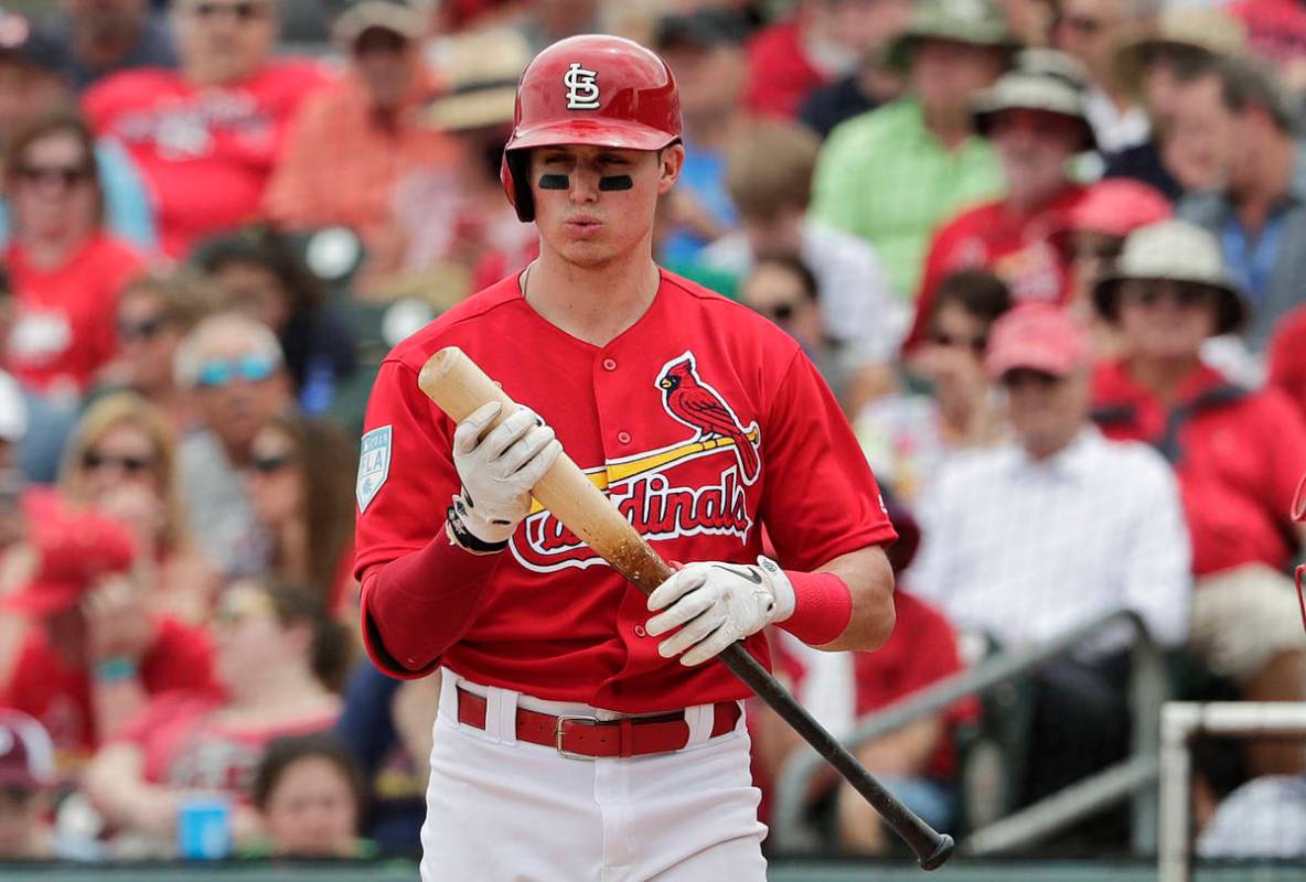 St. Louis Cardinals' Drew Robinson (33) reacts after getting a strike in the fourth inning duri ...