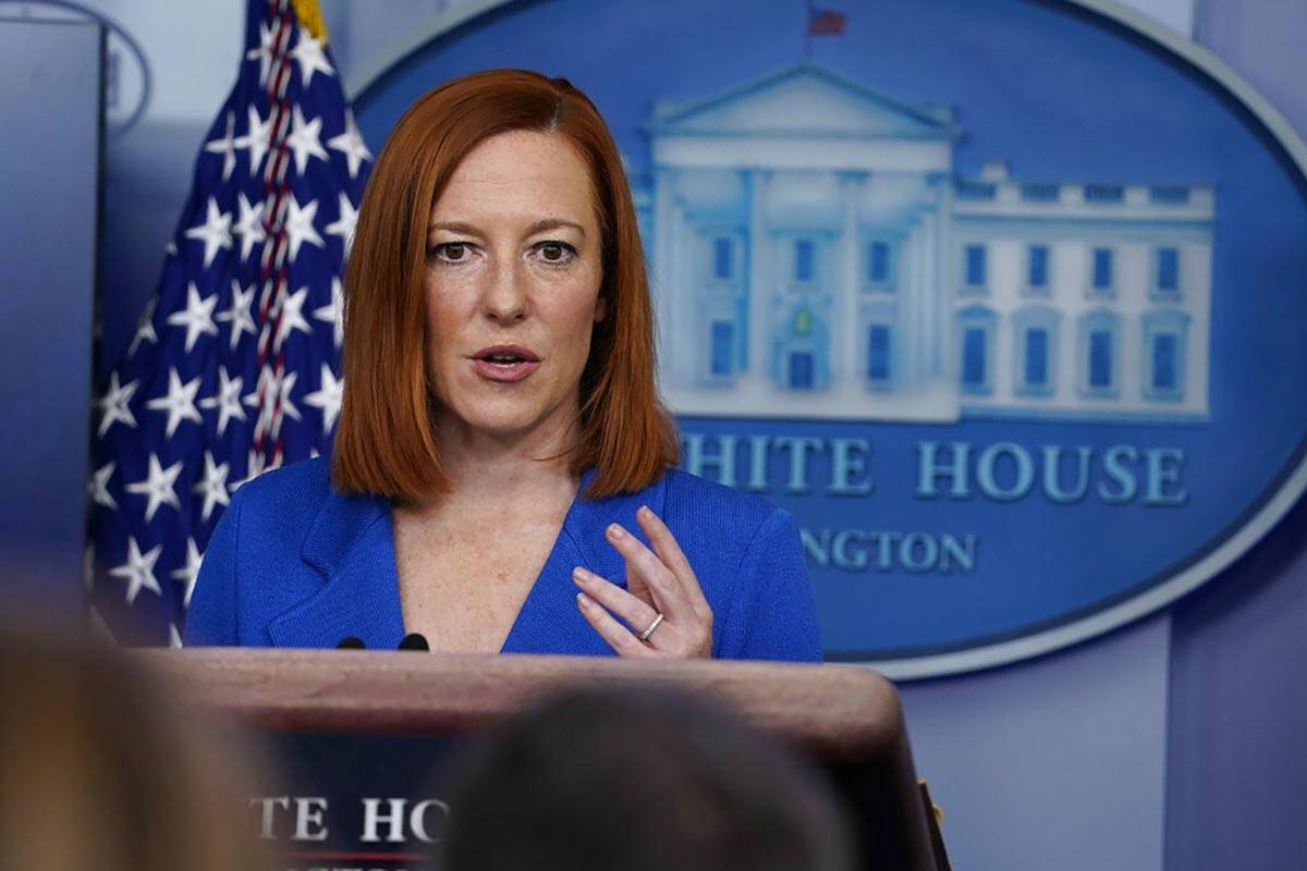 White House press secretary Jen Psaki speaks during a press briefing at the White House, Tuesda ...