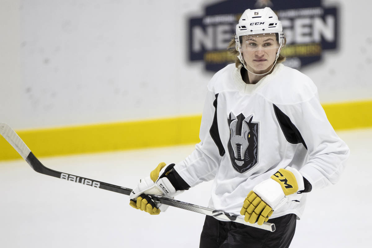 This Jan. 19, 2021, file photo shows Silver Knights' Kaedan Korczak (6) during a team practice ...