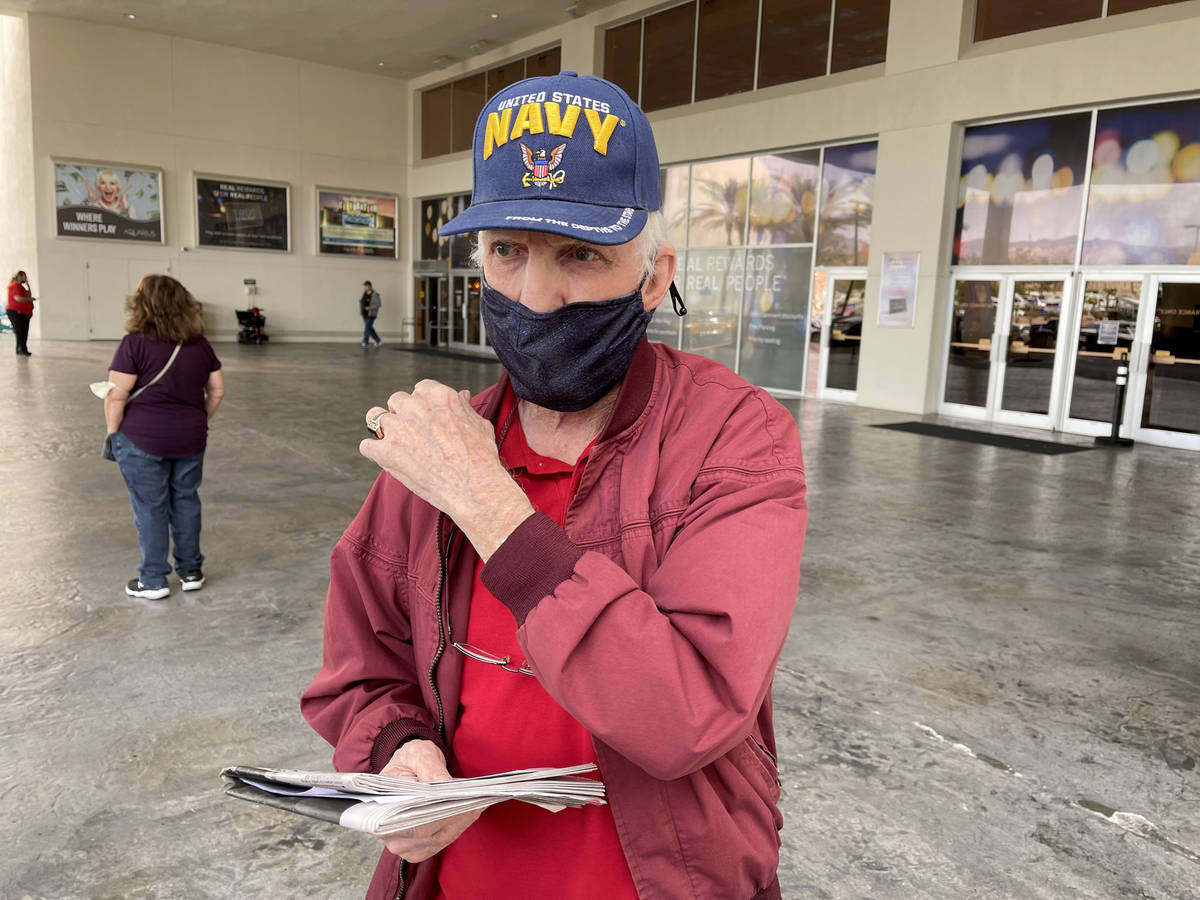 Jack Boykin, 84, talks to a reporter after receiving a COVID-19 vaccination at a Clark County a ...