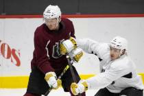 The Henderson Silver Knights Patrick Brown, left, and Jimmy Schuldt during a team practice at L ...
