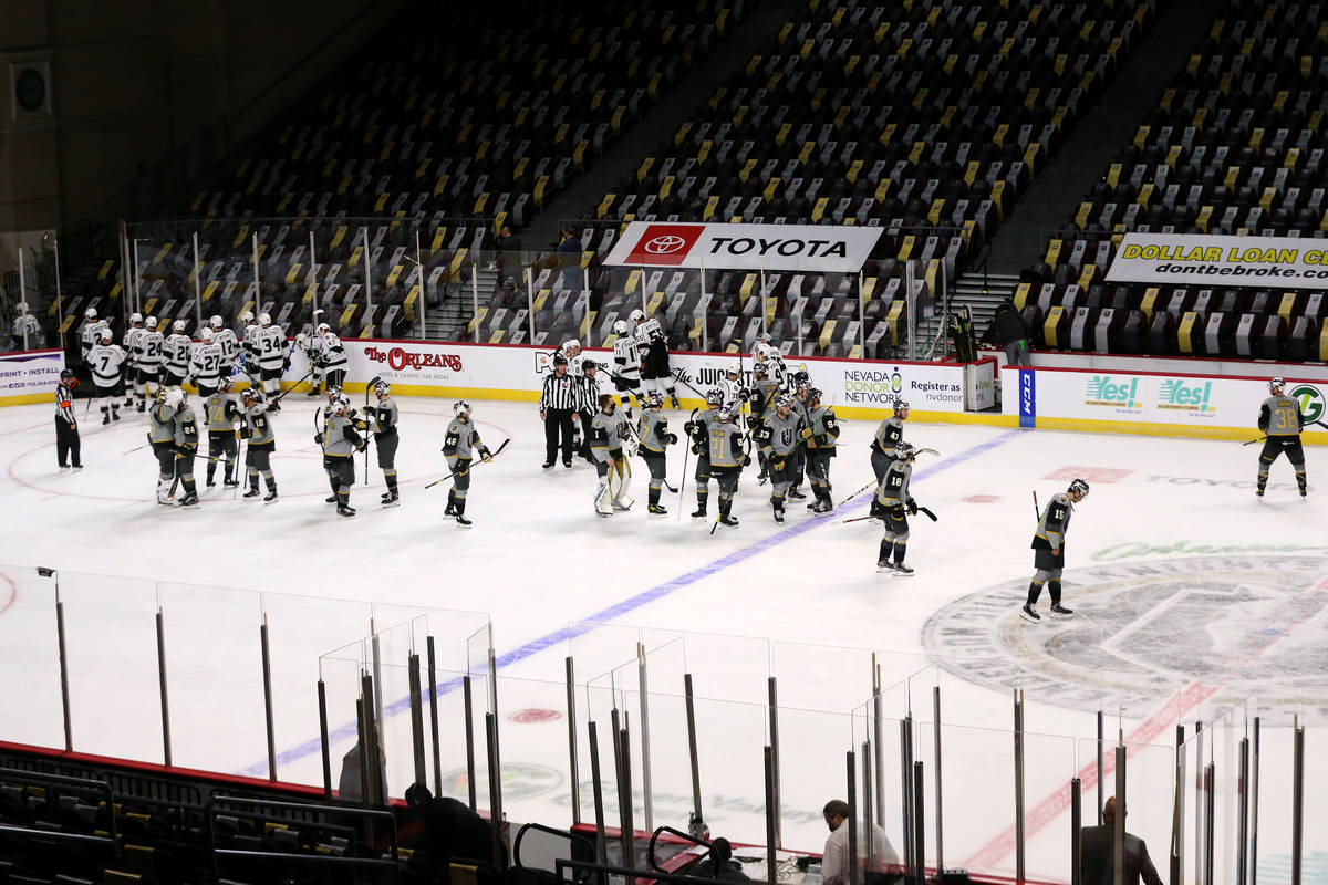 Henderson Silver Knights come together after a win against the Ontario Reign during an AHL hock ...