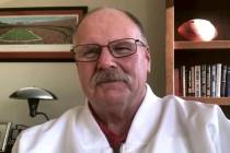 In this still image from video provided by the NFL, Kansas City Chiefs head coach Andy Reid spe ...