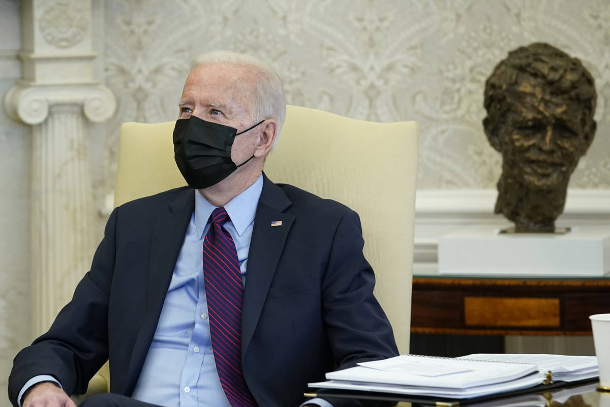 President Joe Biden speaks with House Democratic Leaders in the Oval Office of the White House, ...