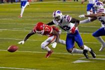 Kansas City Chiefs wide receiver Mecole Hardman (17) fumbles a punt in front of Buffalo Bills c ...