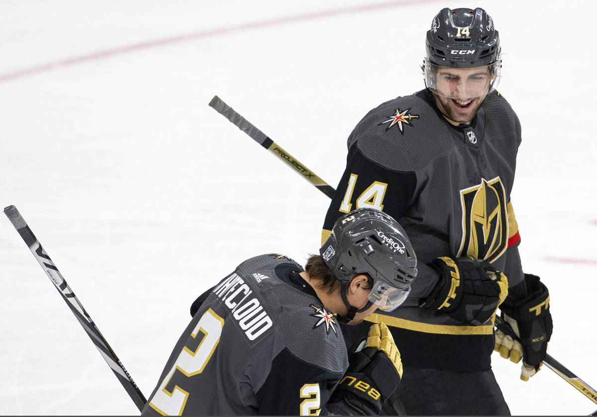 In this Jan. 18, 2021 file photo,Golden Knights' defenseman Nicolas Hague (14) celebrates with ...