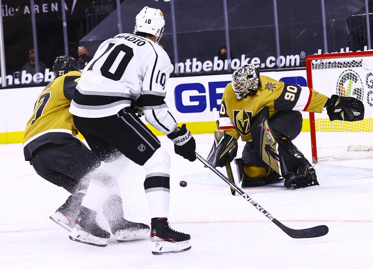 Golden Knights goaltender Robin Lehner (90) blocks a shot against the Los Angeles Kings during ...