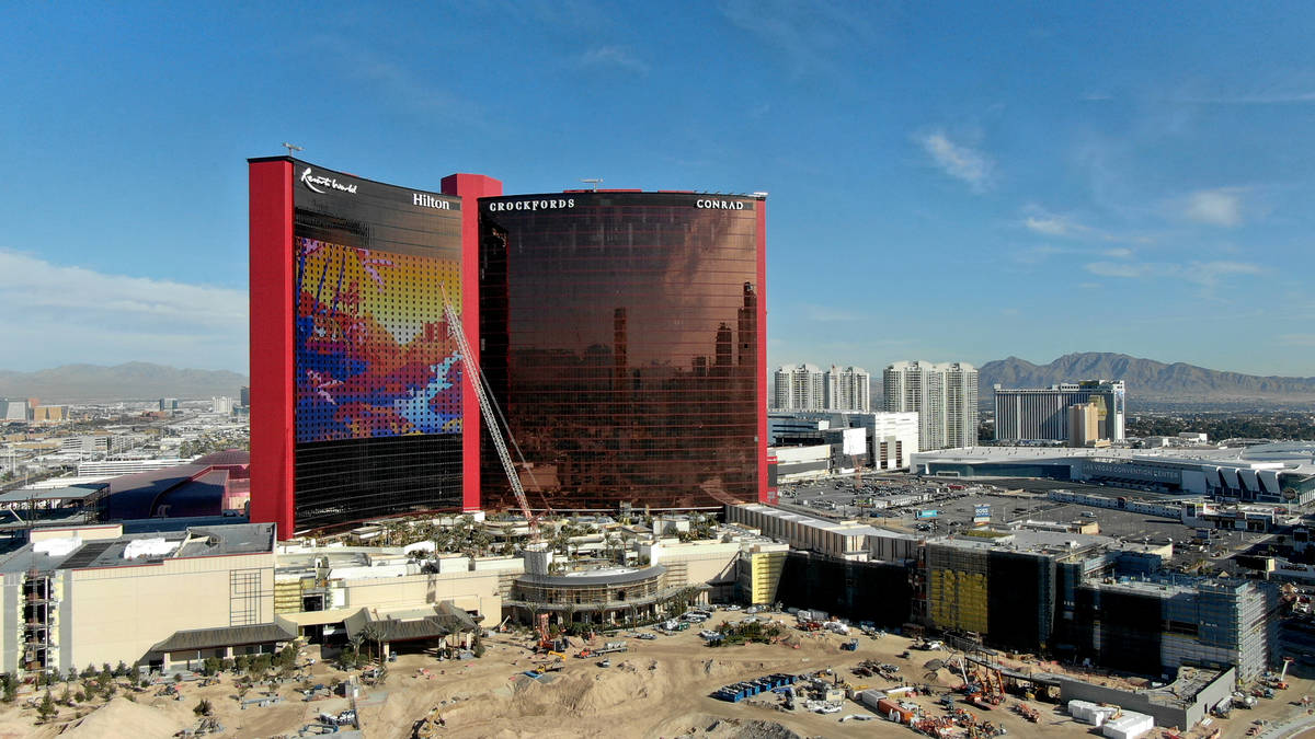 This Jan. 8, 2021, file photo shows an aerial photo of Resorts World Las Vegas under construct ...