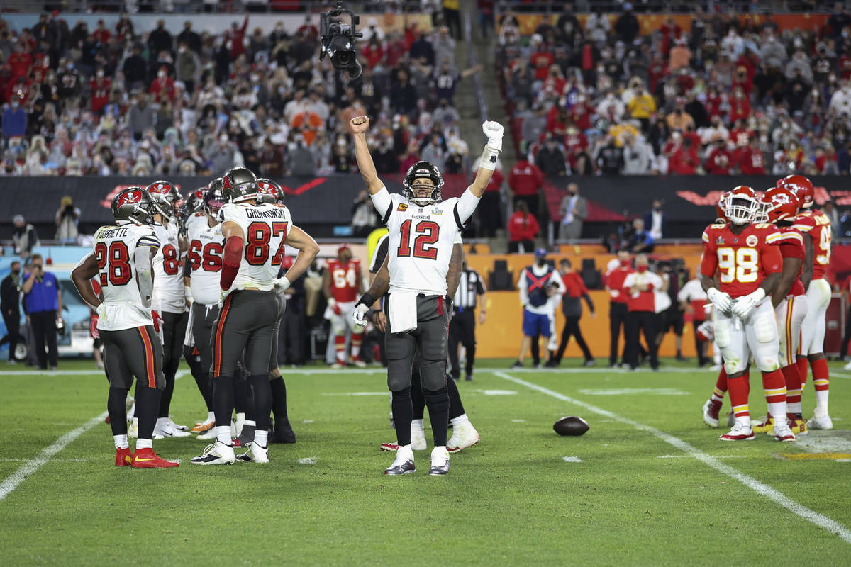 Tampa Bay Buccaneers quarterback Tom Brady (12) celebrates during the NFL Super Bowl 55 footbal ...
