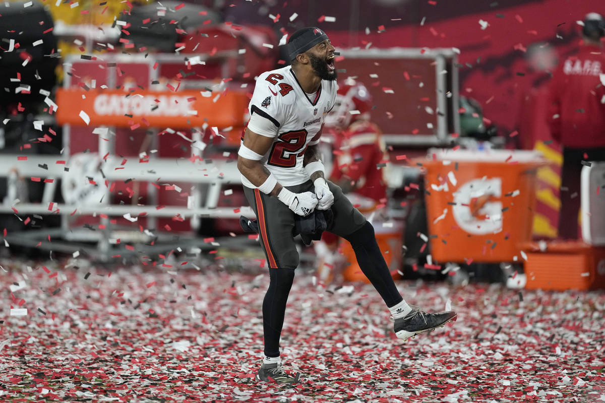 Tampa Bay Buccaneers cornerback Carlton Davis celebrates at the end of the NFL Super Bowl 55 fo ...