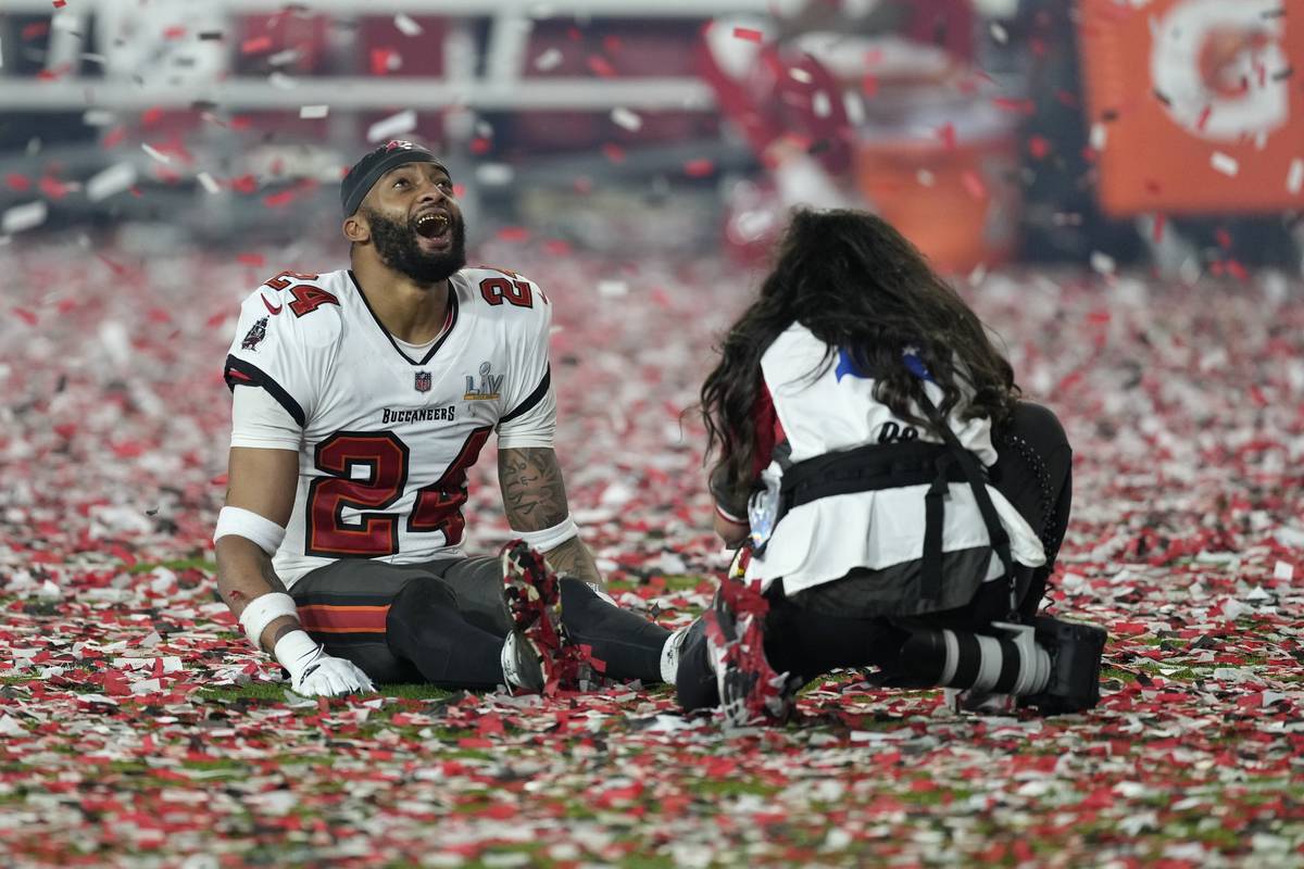 Tampa Bay Buccaneers cornerback Carlton Davis celebrates at the end of the NFL Super Bowl 55 fo ...