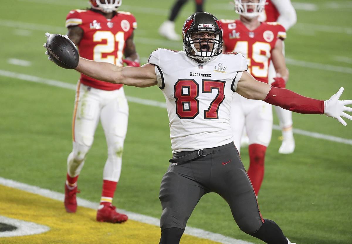 Tampa Bay tight end Rob Gronkowski celebrates as he scores a touchdown during the Super Bowl LV ...