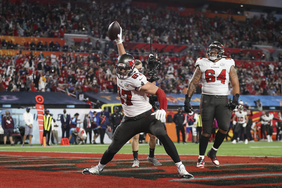 Tampa Bay Buccaneers tight end Rob Gronkowski (87) celebrates after a touchdown during the NFL ...