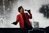 The Weeknd performs during halftime of the NFL Super Bowl 55 football game between the Kansas C ...